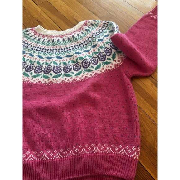 Vintage Northern Isles Women's Pink Fair Isle Floral Knit Yoke Sweater L Nordic - Picture 6 of 14